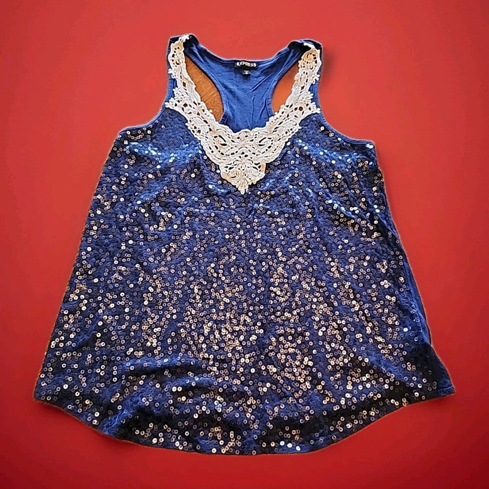 Express Summer Sequin Tank Top, Blue, Racerback Lace Detail Size XS